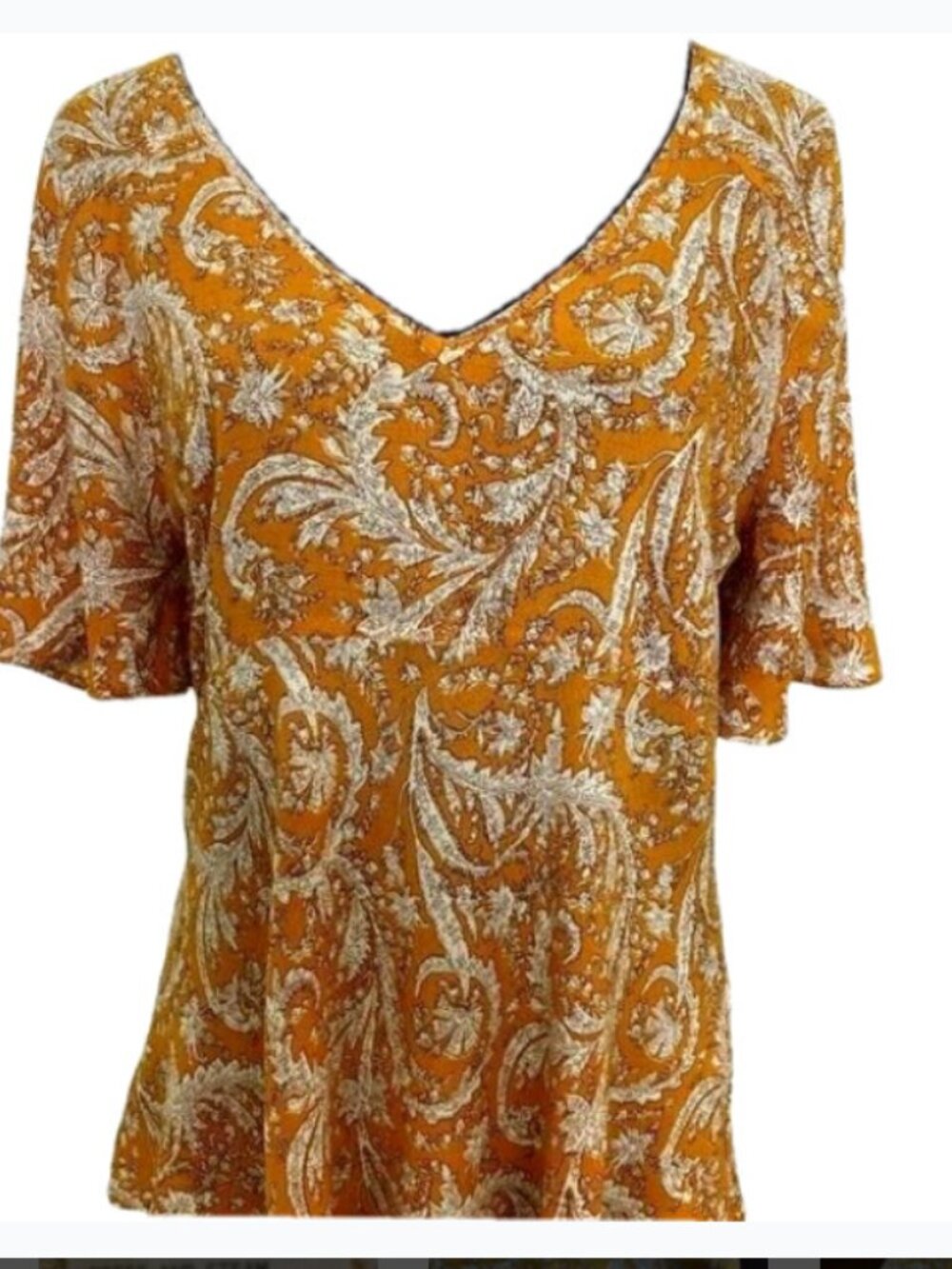 Rachel Zoe Women’s Small Mustard Gold Paisley V-Neck Blouse Bell Sleeve Boho